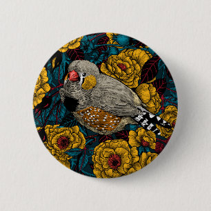 Zebra finch and rose bush 6 cm round badge