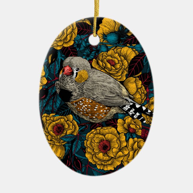 Zebra finch and rose bush ceramic ornament (Front)