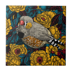 Zebra finch and rose bush ceramic tile