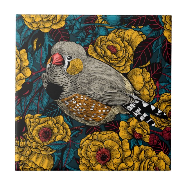 Zebra finch and rose bush ceramic tile (Front)