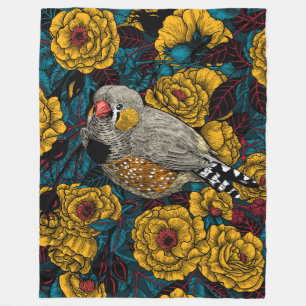 Zebra finch and rose bush fleece blanket