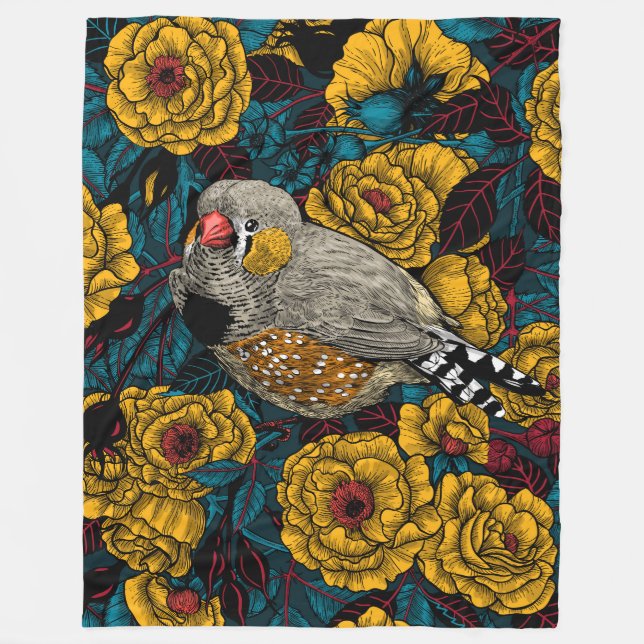 Zebra finch and rose bush fleece blanket (Front)