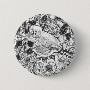 Zebra finch and rose bush ink drawing 6 cm round badge