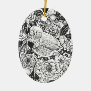 Zebra finch and rose bush ink drawing ceramic ornament