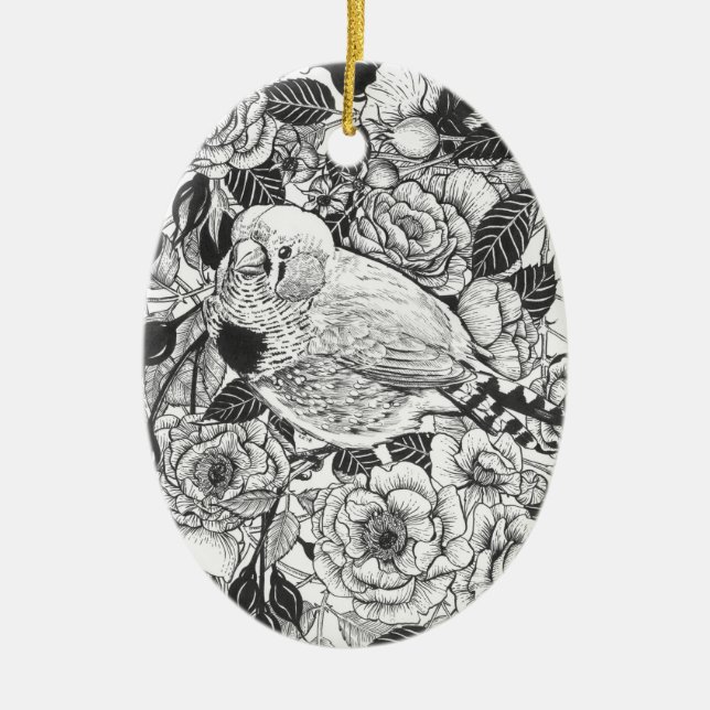 Zebra finch and rose bush ink drawing ceramic ornament (Front)