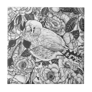 Zebra finch and rose bush ink drawing ceramic tile