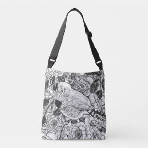 Zebra finch and rose bush ink drawing crossbody bag