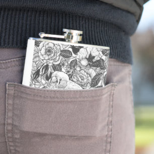 Zebra finch and rose bush ink drawing hip flask