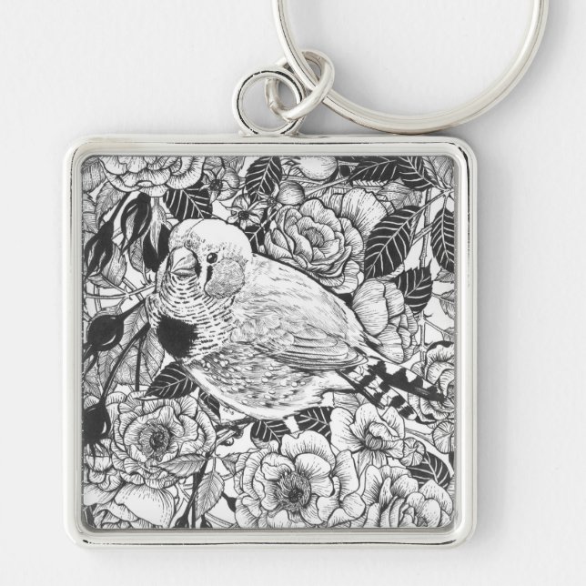 Zebra finch and rose bush ink drawing key ring (Front)