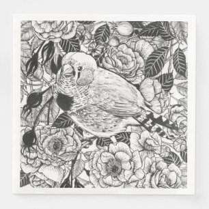 Zebra finch and rose bush ink drawing napkin