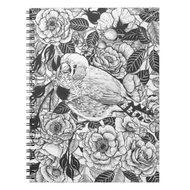 Zebra finch and rose bush ink drawing notebook (Front)
