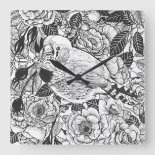 Zebra finch and rose bush ink drawing square wall clock