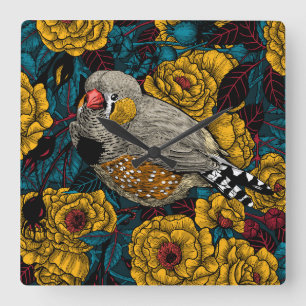 Zebra finch and rose bush square wall clock