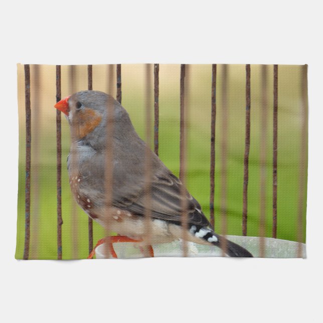 Zebra Finch Bird in Cage Tea Towel (Horizontal)