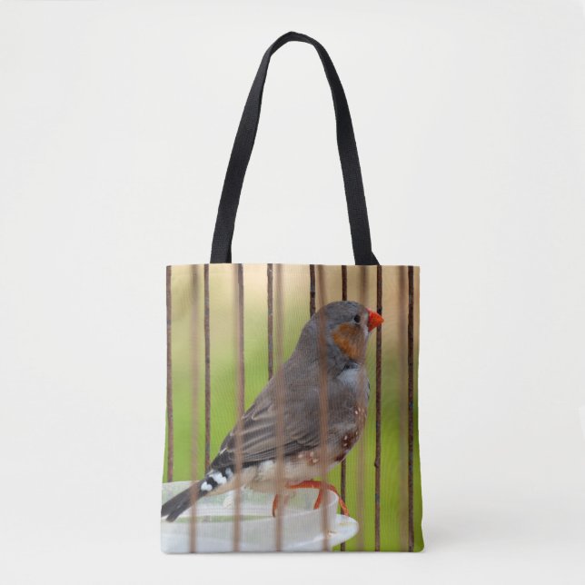 Zebra Finch Bird in Cage Tote Bag (Front)