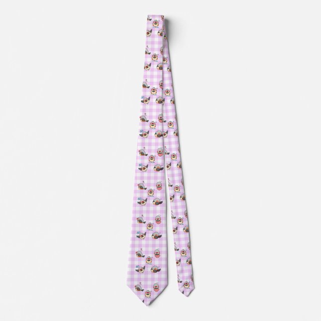 Zebra finch cute cartoon pink chequered pattern tie (Front)