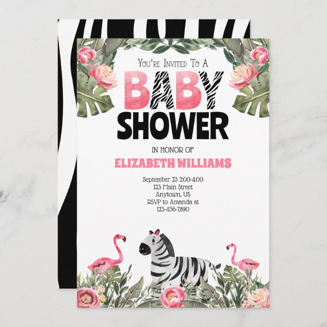 Zebra Flamingos Pink Black Baby Shower Invitation (Front/Back)