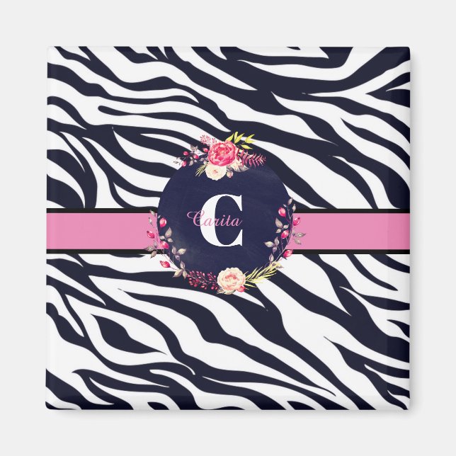 Zebra Floral Monogram Magnet (Front)