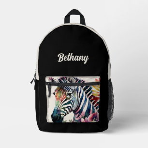 Zebra Floral Watercolor Art Black Beige Printed Backpack