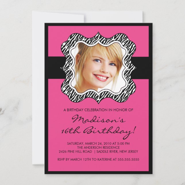 Zebra Frame Photo Sweet Sixteen Birthday Inviation Invitation (Front)
