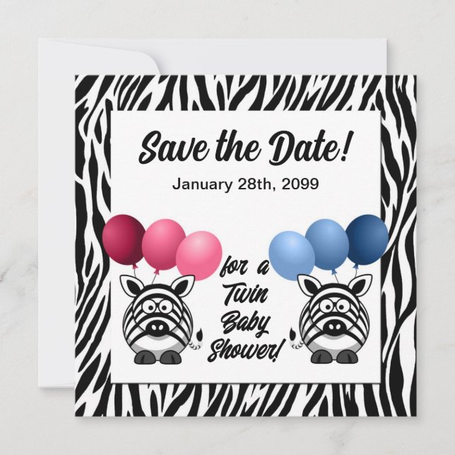 Zebra Fraternal Twins Baby Shower Save The Date (Front)