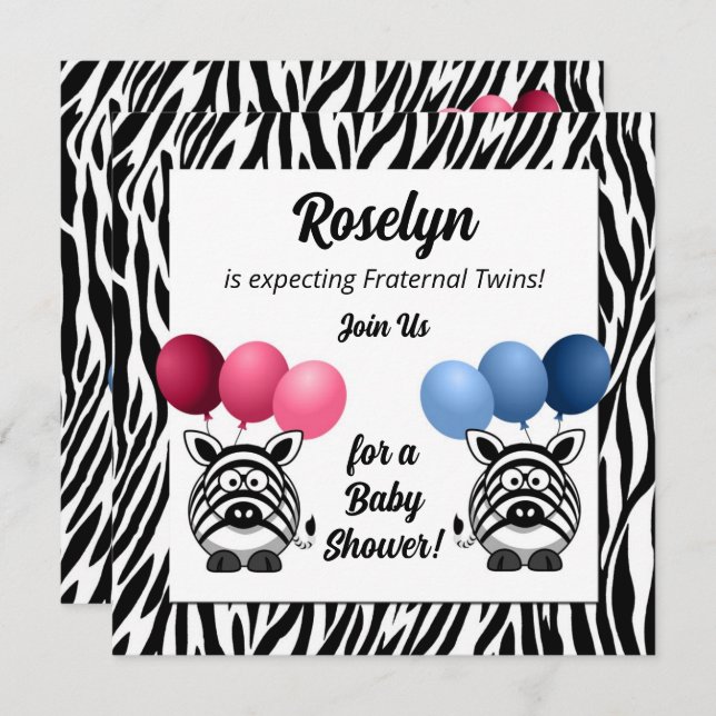 Zebra Fraternal Twins Pink and Blue Baby Shower Invitation (Front/Back)