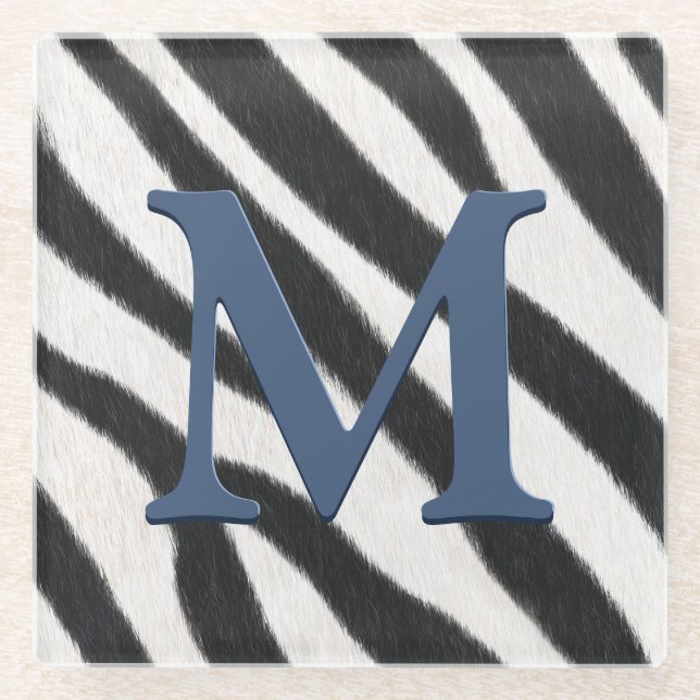 Zebra Fur Animal Print Blue Grey Monogram Glass Coaster (Front)