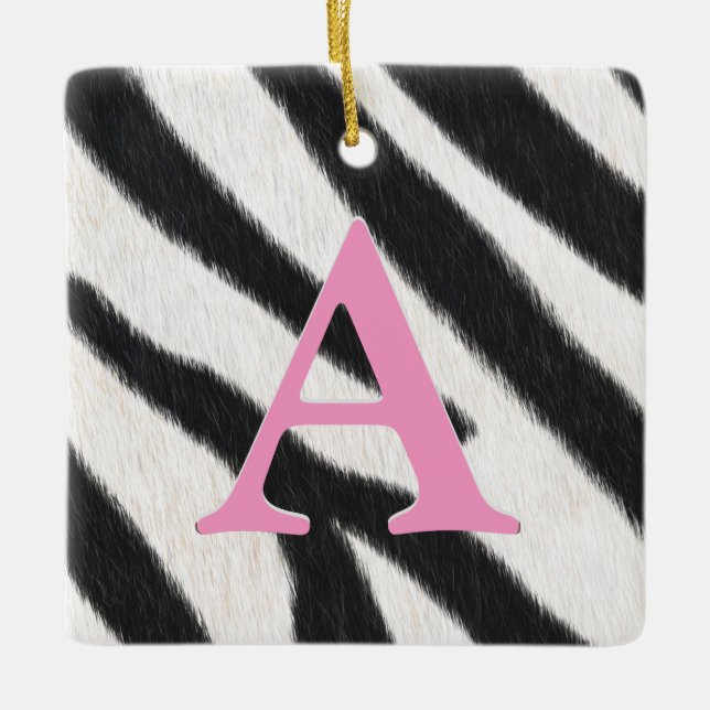 Zebra Fur Personalised Monogram & Message Pink Ceramic Ornament (Front)