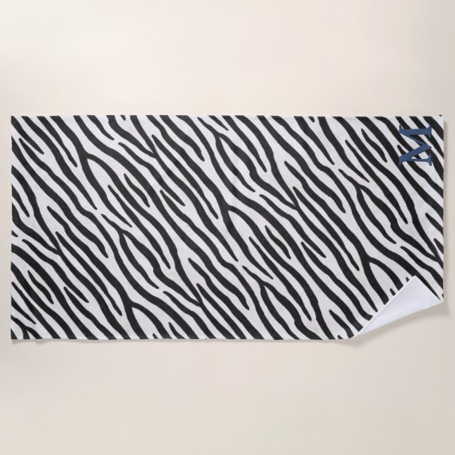 Zebra Fur Realistic Animal Print Blue Monogram Beach Towel (Front)