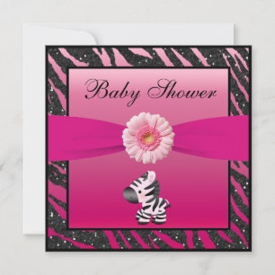 Zebra, Gerbera & Animal Print Glitter Baby Shower Invitation