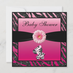 Zebra, Gerbera & Faux Glitter Baby Shower Invitation