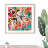Zebra & girl bright pink tropical jungle Poster