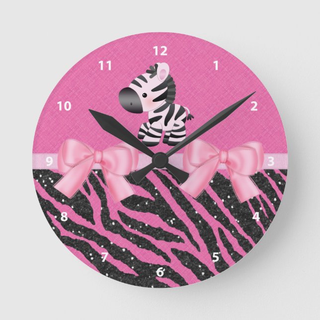 Zebra, Glitter & Bows Pink & Black Animal Print Round Clock (Front)