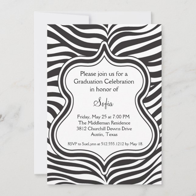 Zebra Graduation Invitation Black & White (Front)