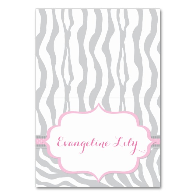 Zebra Grey and Pink Tent Table Card (Front)