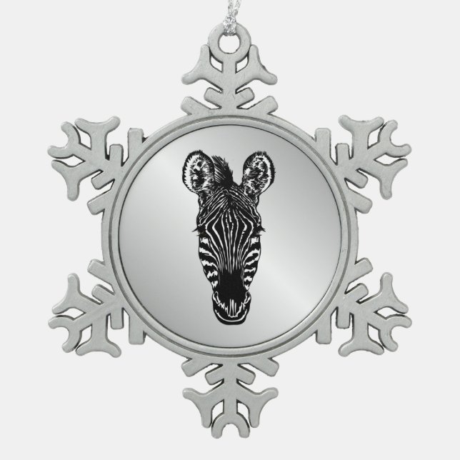 Zebra Head Snowflake Pewter Christmas Ornament (Front)