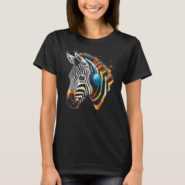 Zebra Headphones Artwork Music Animal Motif Zebra  T-Shirt (Front)