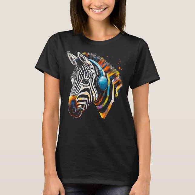 Zebra Headphones Artwork Music Animal Motif Zebra  T-Shirt (Front)