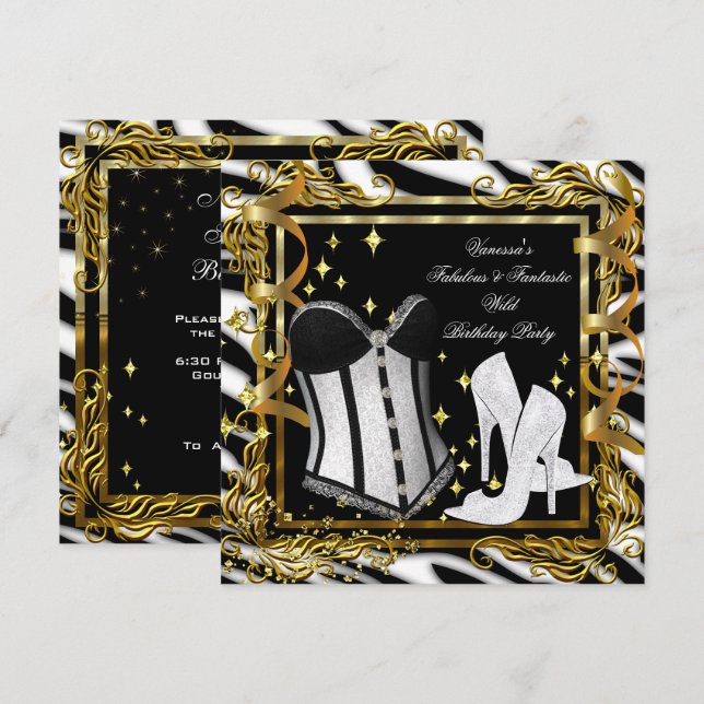 Zebra High Heel Gold Black Corset Birthday Party Invitation (Front/Back)