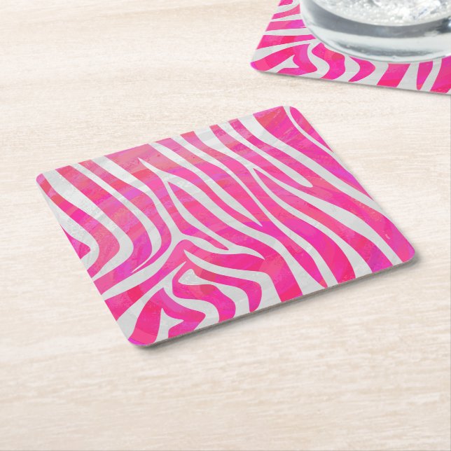 Zebra Hot Pink and White Print Square Paper Coaster (Angled)