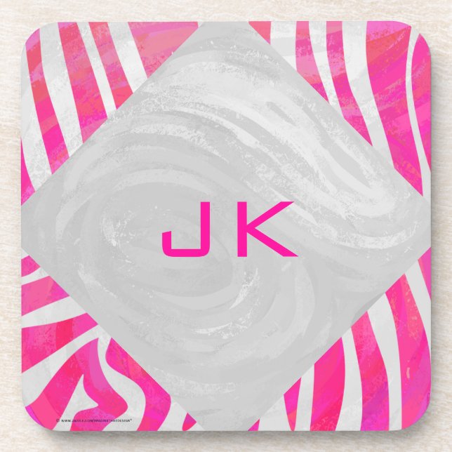 Zebra Hot Pink and White with Monogram Coaster (Front)