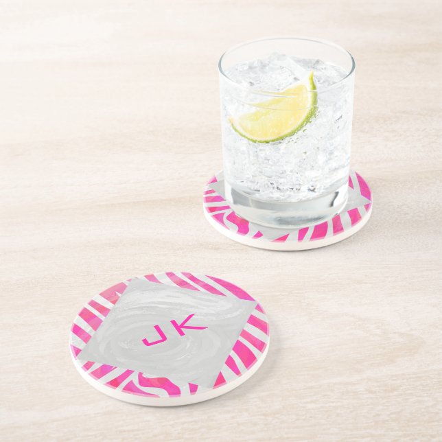 Zebra Hot Pink and White with Monogram Coaster (Side)
