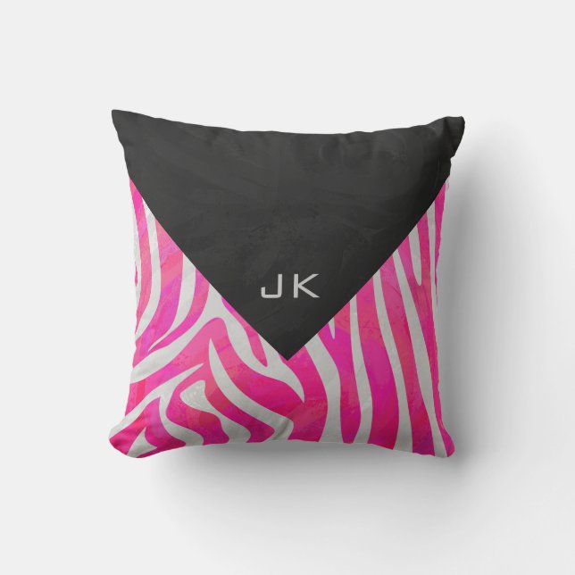 Zebra Hot Pink and White with Monogram Cushion (Front)