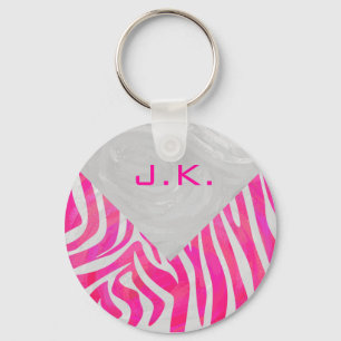 Zebra Hot Pink and White with Monogram Key Ring