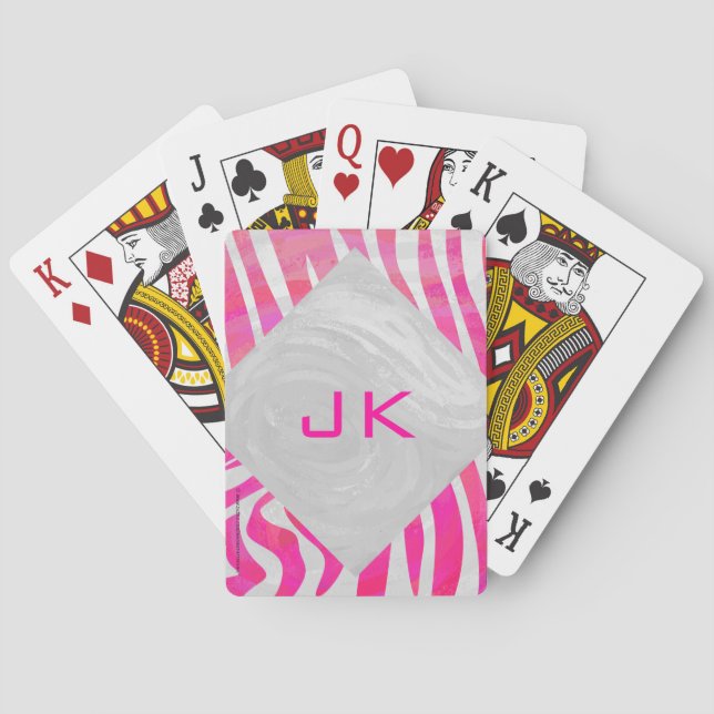 Zebra Hot Pink and White with Monogram Playing Cards (Back)