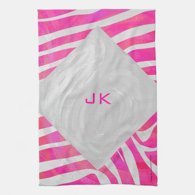 Zebra Hot Pink and White with Monogram Tea Towel (Vertical)