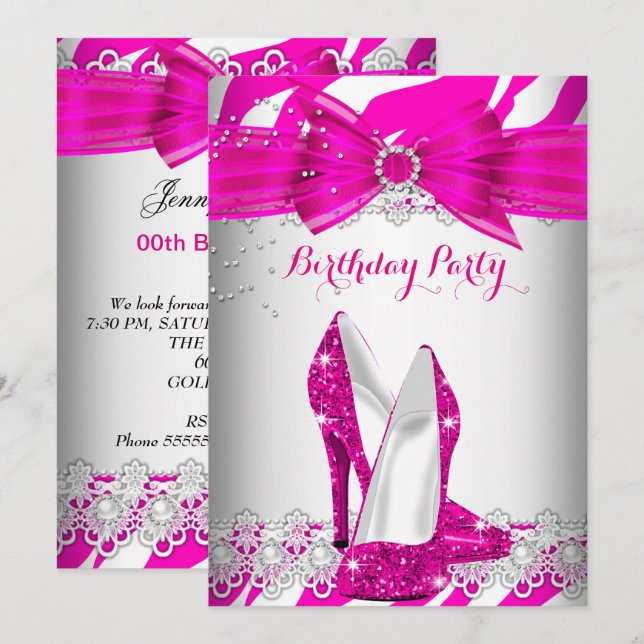 Zebra Hot Pink High Heel Lace Pearl Birthday Party Invitation (Front/Back)