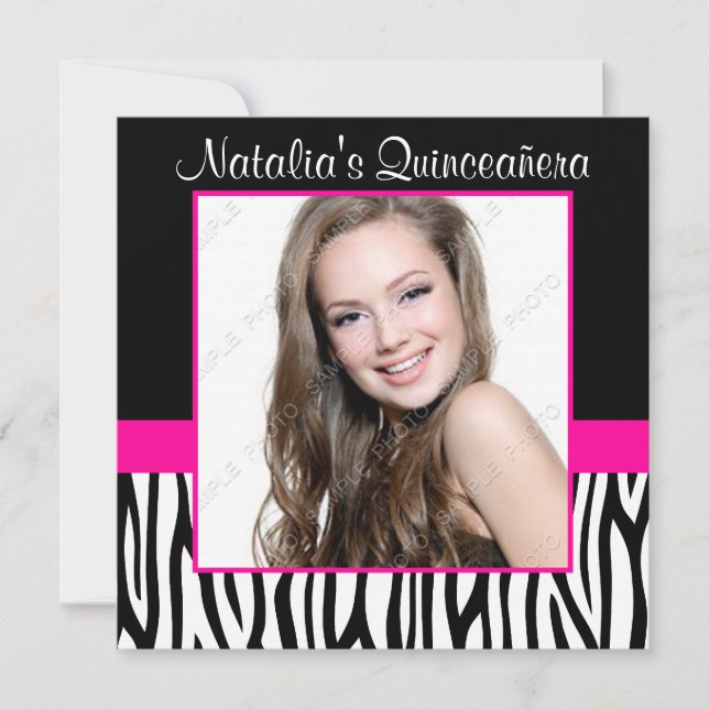 Zebra Hot Pink Photo Quinceanera Invitations (Front)