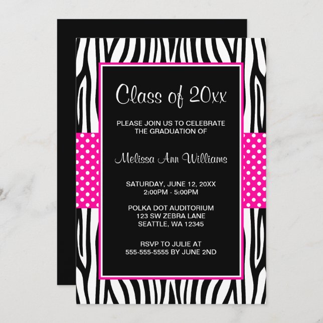 Zebra Hot Pink Polka Dot Graduation Announcement (Front/Back)