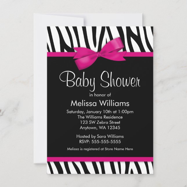 Zebra Hot Pink Printed Bow Baby Shower Invitation (Front)